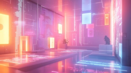 A glowing holographic language chart with floating text symbols, illuminated with bright white and pastel tones, sleek and digital aesthetic, reflective and thoughtful mood, copy space on the right