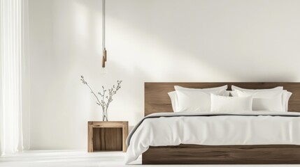 Modern minimalist bedroom with minimal decor. Featuring clean lines and a serene design