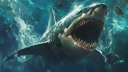 Fototapeta premium Great white shark underwater, open mouth, ocean waves.