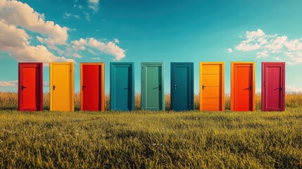 Choosing right path through colorful doors in surreal landscape