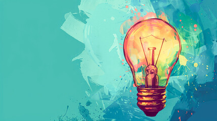 Soft blue background with multicolor paint bursts from a lightbulb, symbolizing innovation.