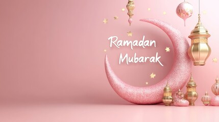 Elegant ramadan mubarak crescent moon and lanterns against pink background Happy Ramadan