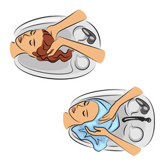 Collection of beautiful lady profile. Girl in beauty salon. Woman washes hair with water at hair salon car wash. Vector illustrations set