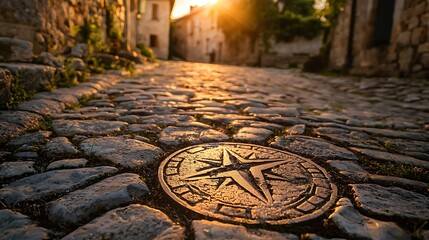 GPS location pin symbol etched onto an ancient cobblestone path, surrounded by medieval village scenery, warm golden hour lighting, baroque painting style, nostalgic and historic mood