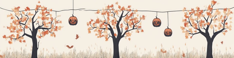 Vector collage of Halloween-themed trees with pumpkins and autumn leaves