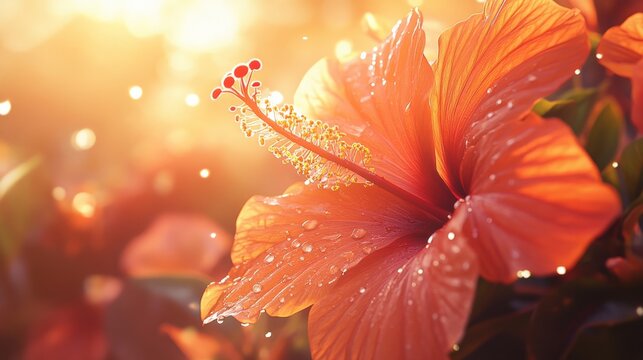 Exotic hibiscus flower in warm orange and pink tones, water drops reflecting sunlight, tropical vibes generative ai