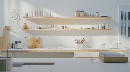 Modern minimalist craft room with minimal decor. Featuring clean lines and an organized design