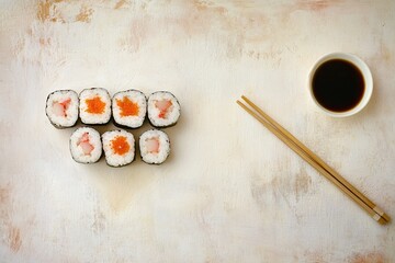 Minimalistic sushi presentation with soy sauce and chopsticks on a light beige background