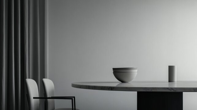 Modern minimalist dining area with minimal decor. Featuring clean lines and an uncluttered layout