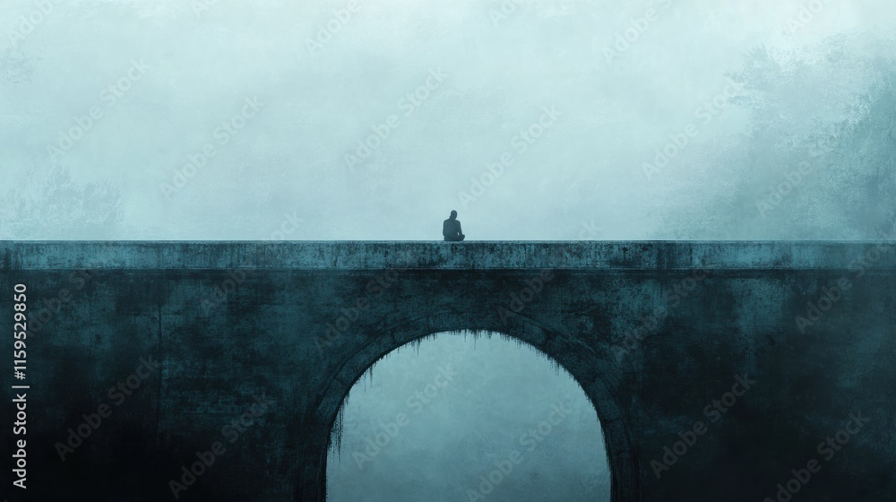 Aufkleber lonely figure reflecting on a foggy bridge in a serene landscape at dawn. generative ai