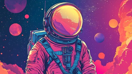 A vibrant illustration of an astronaut in space, surrounded by colorful planets and cosmic elements.