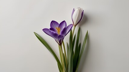 Naklejka premium Single purple and white crocus flowers with green leaves on light background, copy space