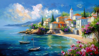 Obraz premium small town on the Mediterranean Sea in Oil painting art style