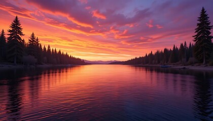 Obraz premium Serene Sunset Over Lake And Pine Trees