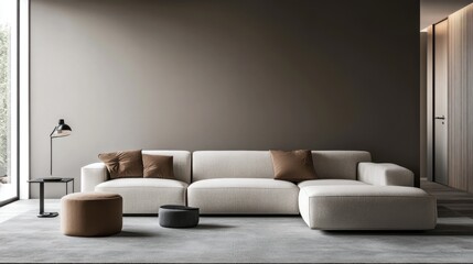 Modern minimalist family room with minimal decor. Featuring a clean, open design with contemporary lines