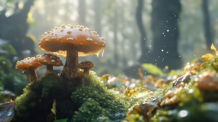 Fototapeta premium Magical forest mushrooms with sunlight.