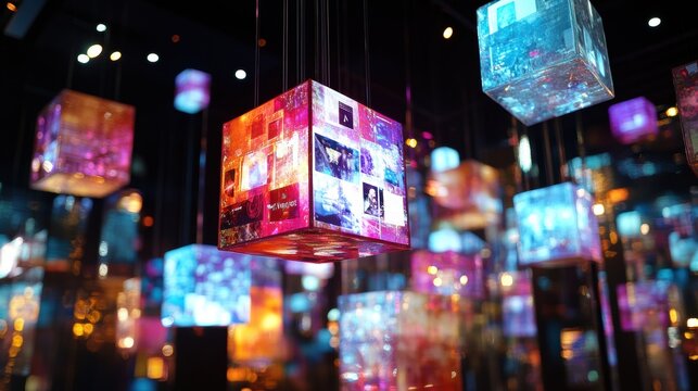 Floating cubes display abstract text, visuals, and symbols in a vibrant exhibition space. Generative AI