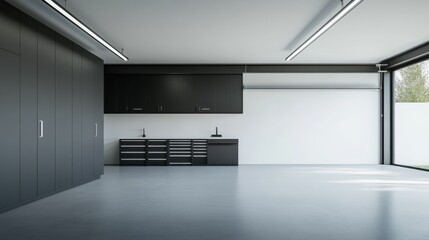 Modern minimalist garage with minimal decor. Featuring clean lines and an organized layout