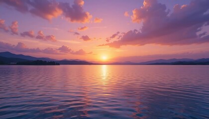 Obraz premium Serene Sunset Over Calm Lake And Mountains