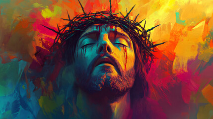 Vivid portrait of jesus christ adorned with a crown of thorns and blood on his face