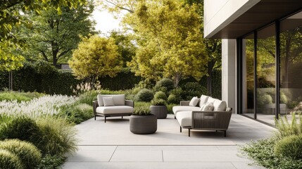 Obraz premium Modern minimalist garden patio with minimal decor. Featuring a clean, open design with sleek lines
