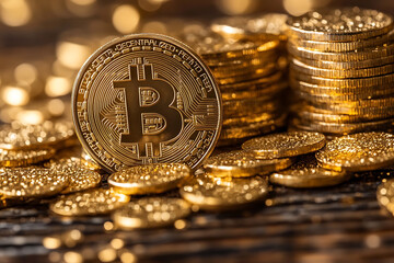 A detailed image of a Bitcoin, showcasing its iconic gold coin design, featuring the Bitcoin symbol