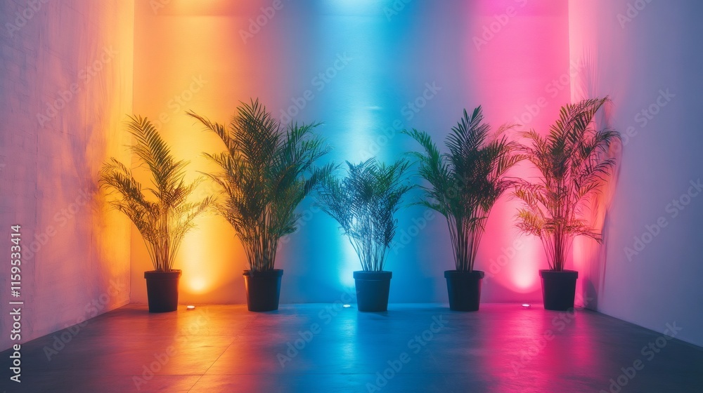 Poster four potted plants illuminated by colorful led lights creating a vibrant backdrop
