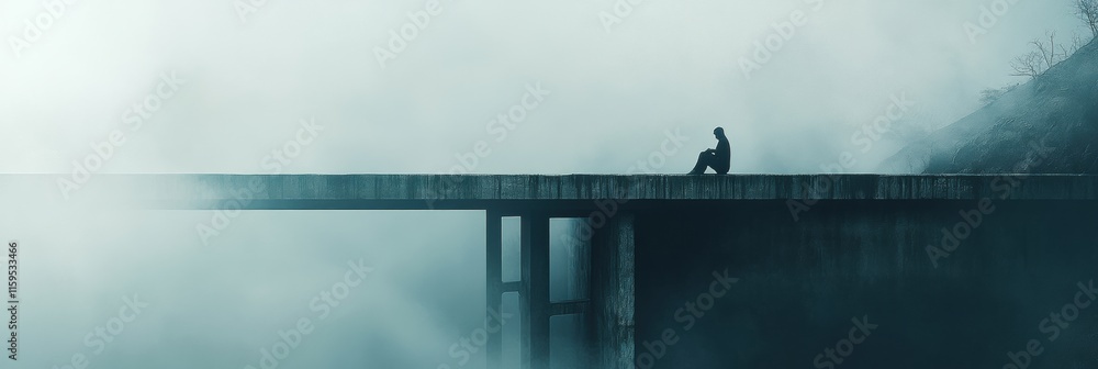Aufkleber lone figure contemplates life on a foggy bridge in a tranquil, melancholic setting. generative ai