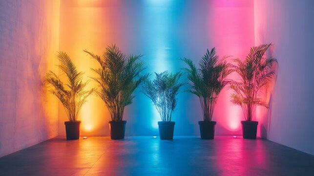 Four potted plants illuminated by colorful led lights creating a vibrant backdrop