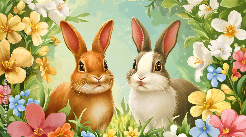 Poster Adorable rabbits enjoying a vibrant easter scene, surrounded by a colorful array of flowers, creating a cheerful and festive atmosphere