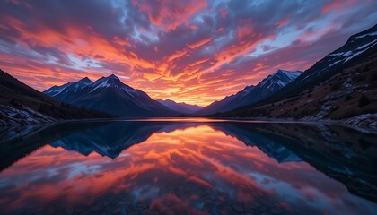 Obraz premium Fiery Sunset Reflecting On Calm Mountain Lake