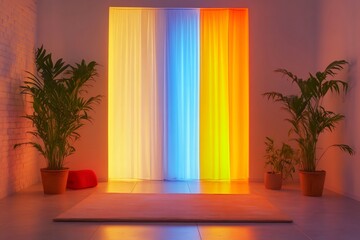 Empty yoga or meditation room with colorful curtains and plants creating a serene atmosphere