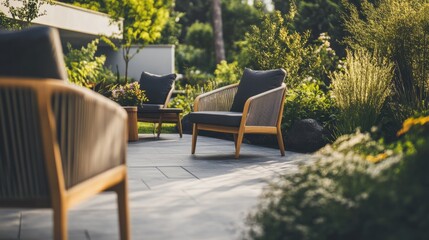 Obraz premium Modern minimalist garden space with minimal decor. Featuring clean lines and a serene design