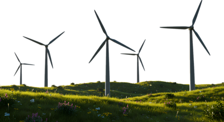 Wind turbines and grassy hills flora isolated against transparent background. Natural energy concept