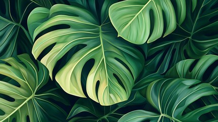 Fototapeta premium Green Leaf Collection: Artistic Watercolor and Detailed Digital Illustrations Featuring Clovers, Tropical Leaves, Falling Foliage, and Textured Dry Leaves - Perfect for Nature-Themed Designs and Decor