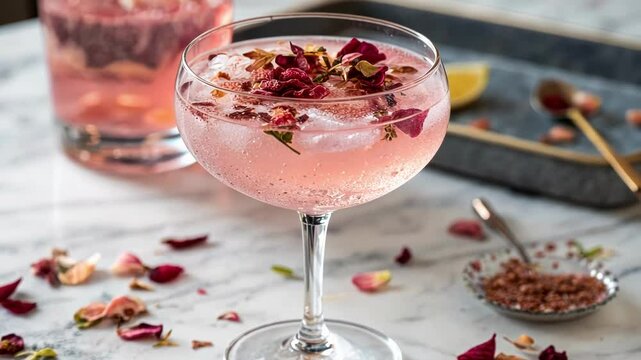 Elegant pink cocktail served in a coupe glass, garnished with dried rose petals, ice cubes, and a lemon slice, presented on a marble surface with scattered rose petals and a bowl of pink salt