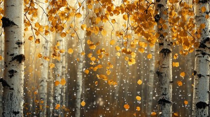 Fototapeta premium Golden birch leaves drifting through the air, glistening drops of water catching sunlight, serene forest scene, generative ai