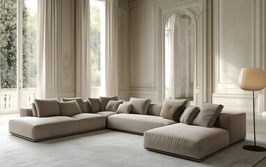 Refined living area with a taupe sectional sofa, minimalist decor elements, and a floor lamp, against 
