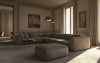 Refined living area with a taupe sectional sofa, minimalist decor elements, and a floor lamp, against 