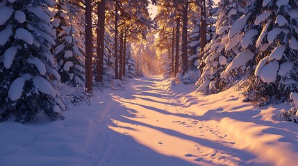 Snowy path through a dense forest, lined with snow-covered pine trees, golden hour lighting creating long shadow