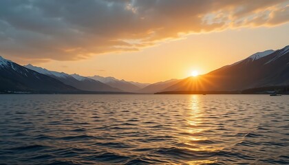 Golden Sunset Over Mountain Lake Water Reflections