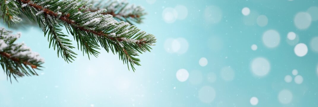 A snow covered pine tree branch with a blue background. Concept of tranquility and peacefulness, as the snow-covered tree branch stands out against the blue sky. The scene evokes a feeling of calmness