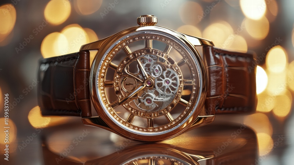 Poster Luxury wristwatch with a golden frame showcases intricate design in a soft, elegant ambiance with sparkling lights. Generative AI