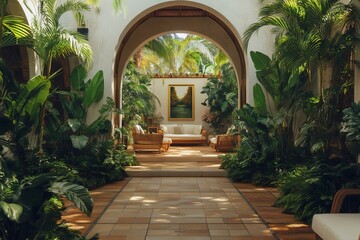 Fototapeta premium Tropical patio with lush greenery and comfortable seating inviting relaxation
