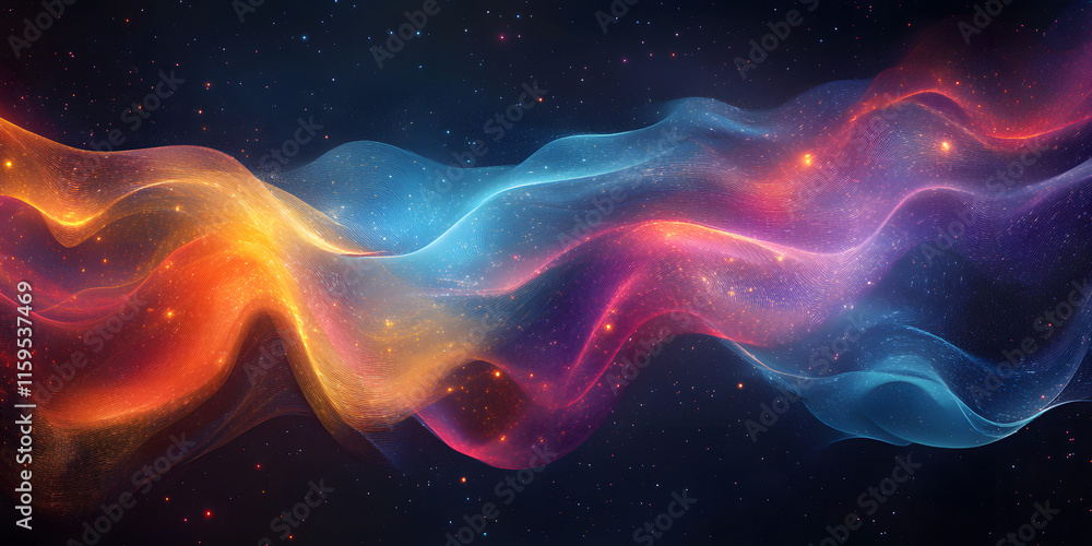 Poster abstract colorful wave with glowing particles on dark background.