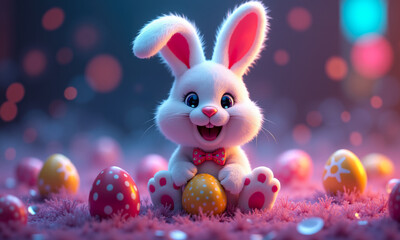 Cute animated bunny with Easter eggs on colorful background
