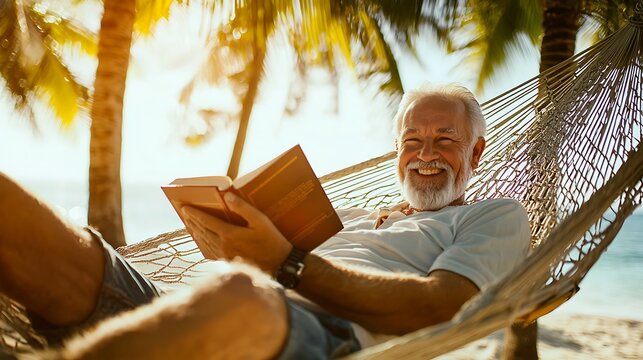 A smiling elderly man relaxing on a hammock with a pension plan book in his hands, dappled sunlight filtering through palm trees, tropical beach setting, vibrant and serene colors, a mood of carefree