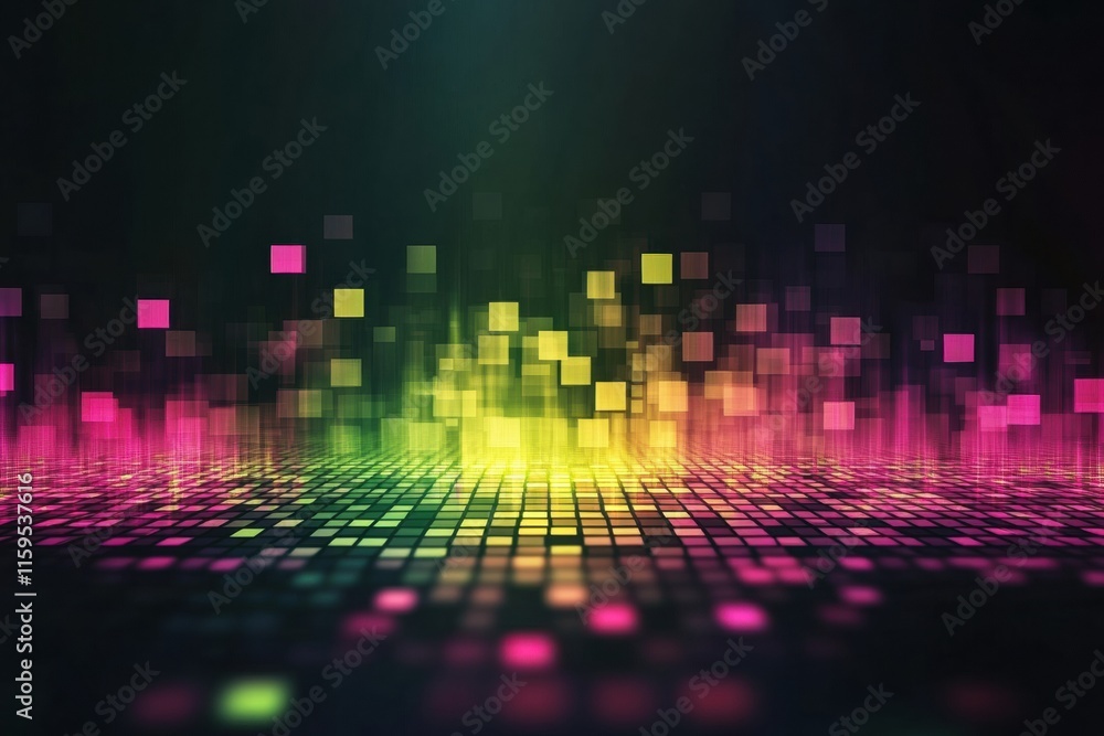 Poster Vibrant abstract glowing mosaic with pixelated elements in a dark background creating dynamic patterns. Generative AI