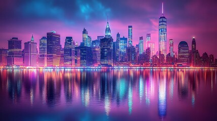 Fototapeta premium Vibrant sunset casts glowing reflections of dramatic skyline and tower on water wallpaper image
