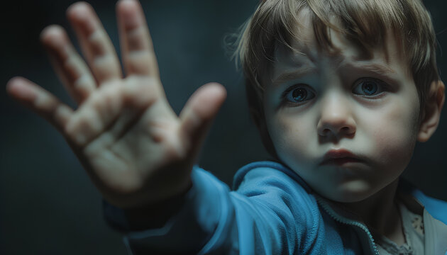 Upset abused frightened little child (boy), stop hand gesture close up horizontal dark portrait with copy space